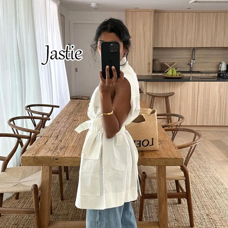 Jastie 2024 Summer Fashion Loose Cotton Women's Shirt Elegant Lapel Sleeveless Shirts Casual Classic Solid Top Female Clothing