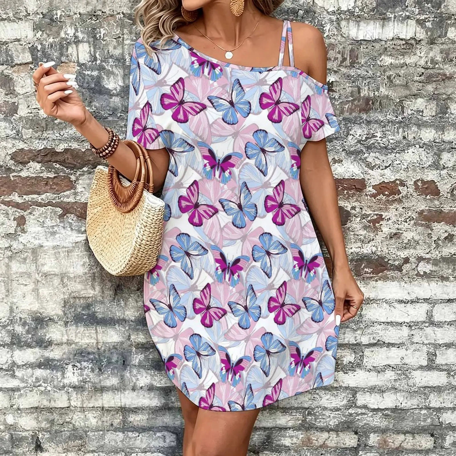Women Print Cold Shoulder Short Sleeve Mini Dress Irregular Off Shoulder Casual Loose Tunic Dress