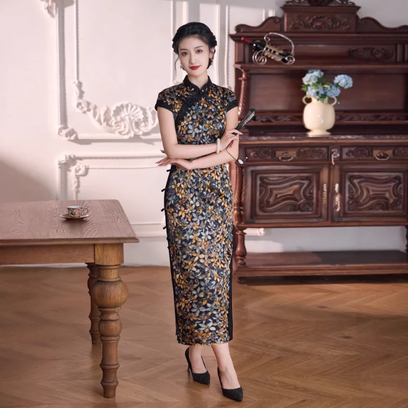 Easten Women Print Flower Qipao Sexy 100% Silk Cheongsam Vintage Button Chinese Dress Casual Mid Length Vestidos Plussize 3Xl