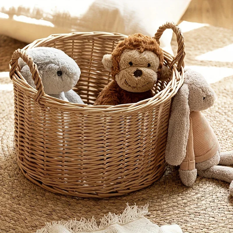 

Handmade Willow Weaving With Handle - Round, Small Size, Suitable For Laundry, Toy Miscellaneous Storage Natural And Simple