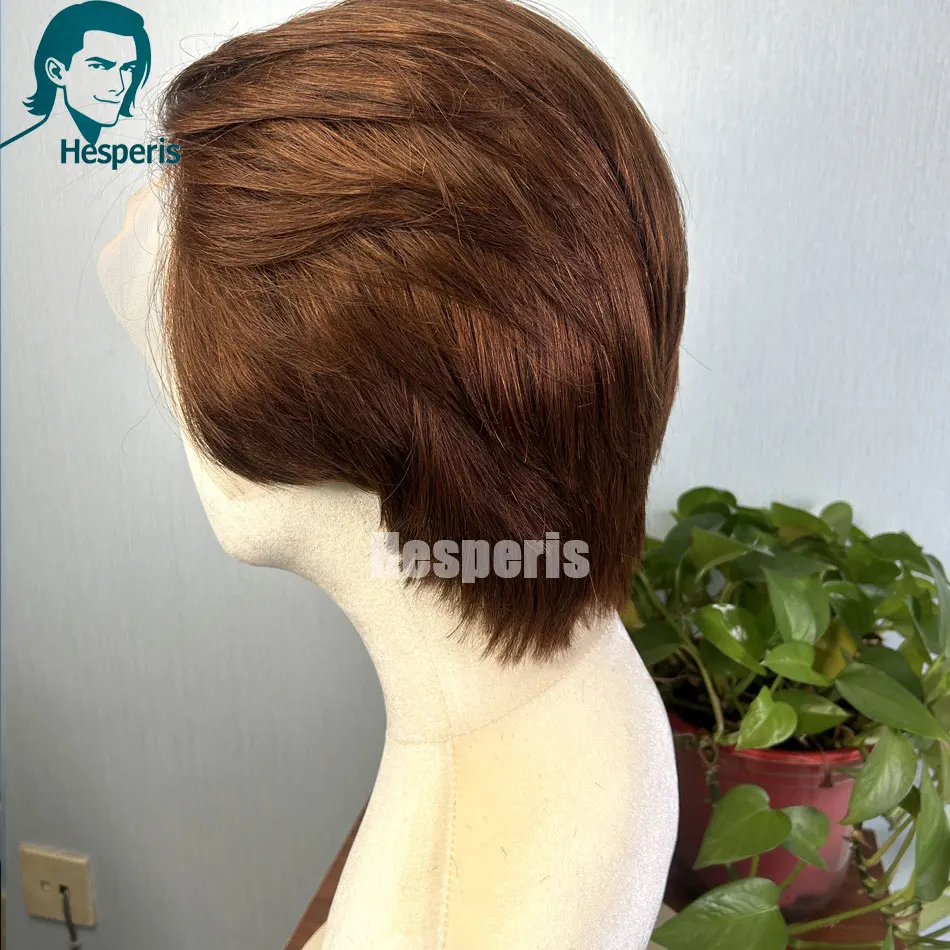 Hesperis بني فاتح شعر الإنسان الرجال الباروكات غلويليس قبل قطعها قصيرة قطع الدانتيل الجبهة الباروكات للذكور 13x6 جزء عميق الفضاء قطع الباروكات
