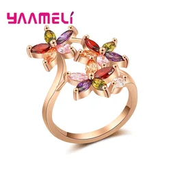 New Arrival 3 Colorful Cubic Zirconia Stone Flowers Finger Rings For Women Ladies Rose Gold Color Jewelry Crystal Gift