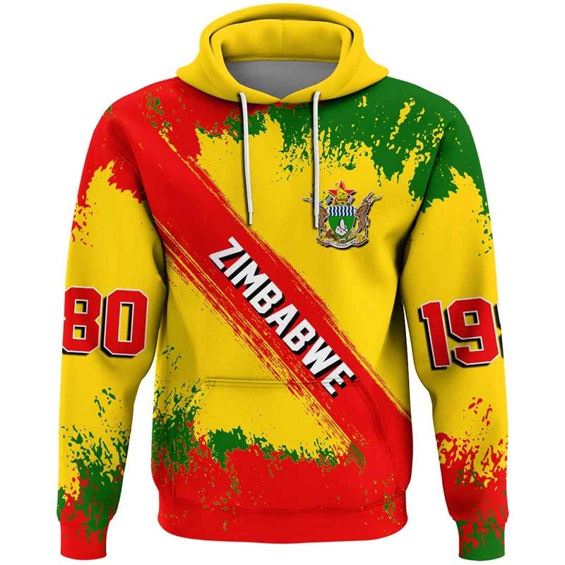 Zimbabwe Feel Map Graphic PVD National Emblem Hoodie for Men, Africa Boy Clothes, Casual Male Survêtement Jersey, Y-