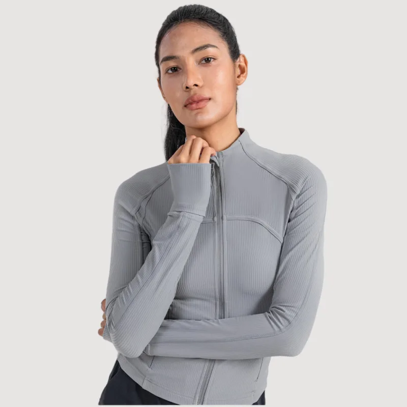 Ribbed Full Zipper Jacket Yoga Sport Top Long-Sleeved With Pocket Gym Coat Fiess Cycg Sweatshirt Run Woman Workout Clothing