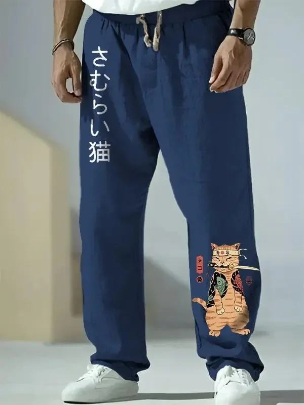 Japanische Samurai Katze druckt weites Bein Hosen Harajuku Freizeit hose Hipster Sommer hose Streetwear Sweapants Männer Frauen Kleidung – Detail 4