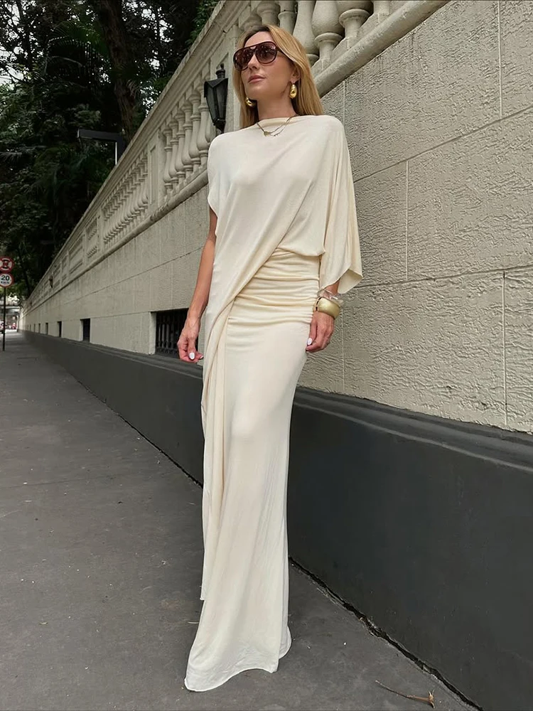 Casual Elegant 2 Piece Set Woman o-Neck One Sleeve Design Tops+Ruched Elastic Waits Long Skirts Daily Versatile Style Suit
