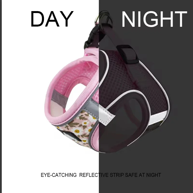 Reflective Puppy Harness Anti Escape Mesh Cat Chest Strap Adjustable Comfortable Floral Pet Harness For Outdoor Activities