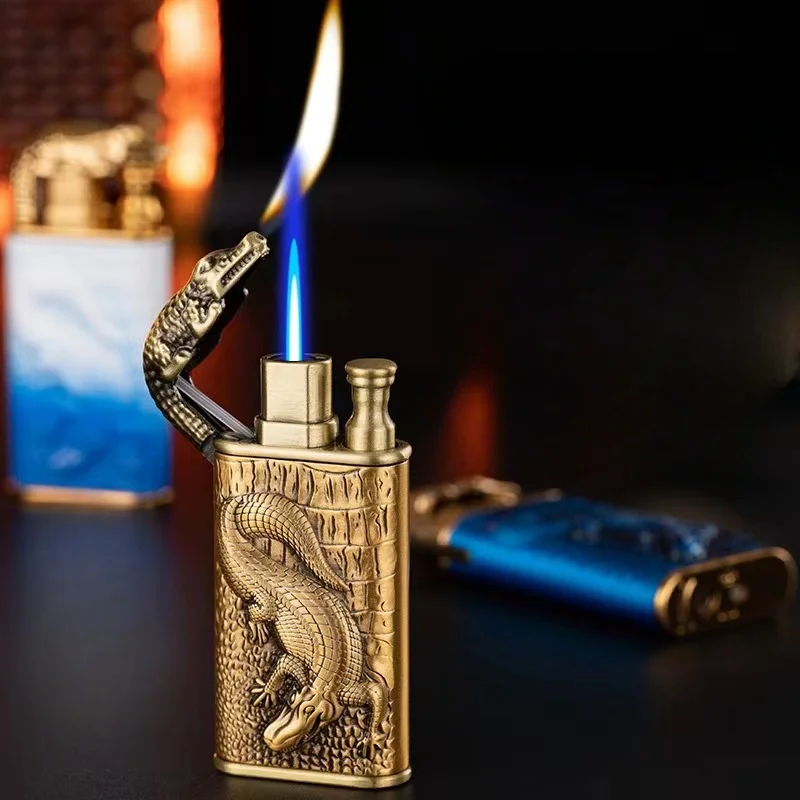 2023 3D Relief Dragon Crocodile Double Fire Lighter Metal Windproof Jet Fire Open Fire Conversion Gas Lighter Smoking Men\'s Gift