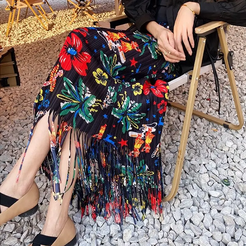 

Pleated Tassel Blossom Half Skirt Loose Draping Organ Pleated Retro Hong Kong Half Skirt Tide Spring/Summer 2023 Skirt Female