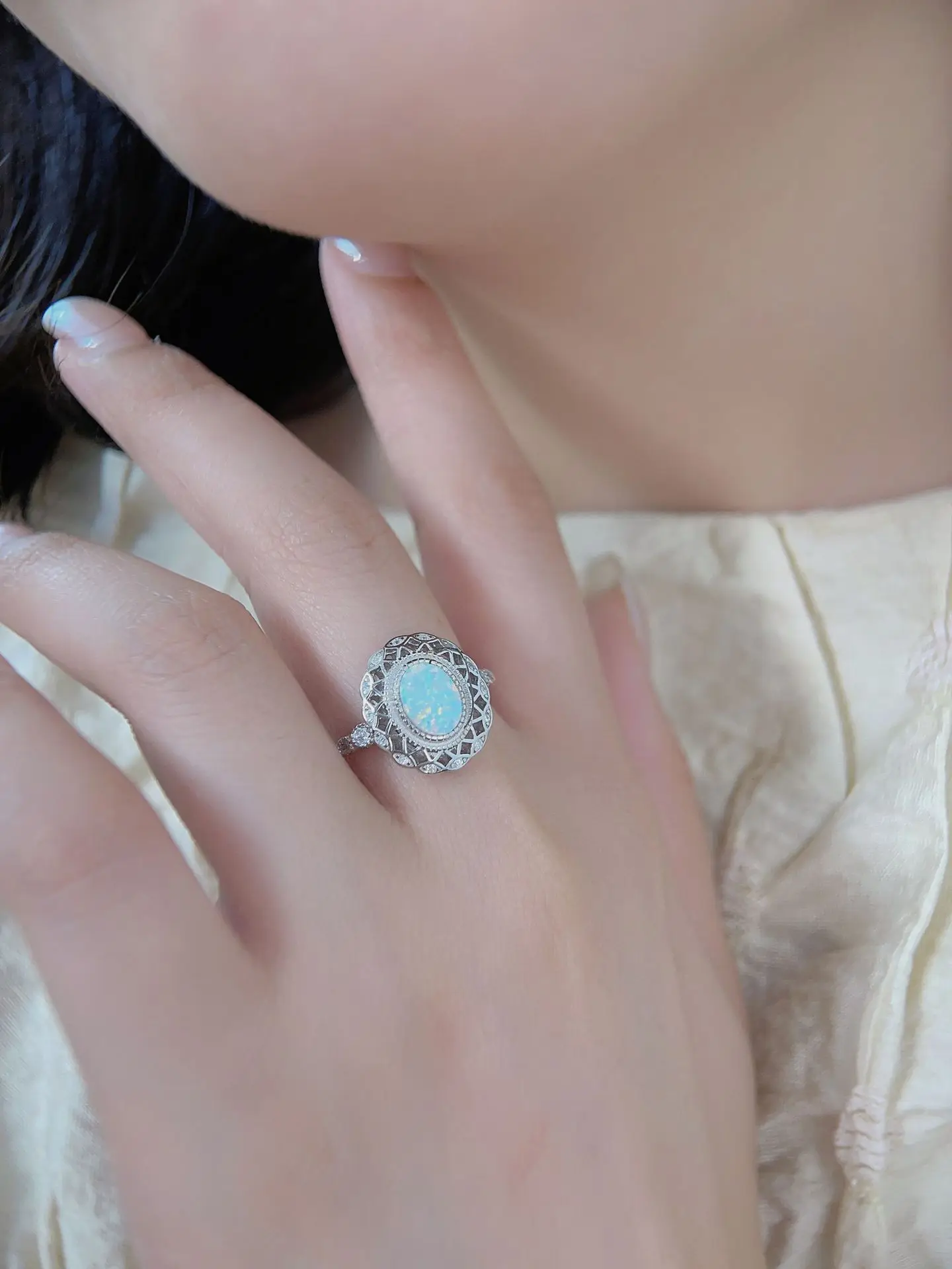 2023 New 100% S925 Sterling Silver Small Fresh Australian Gem Ring European and American Fashion Personalized Diamond Opal Ring