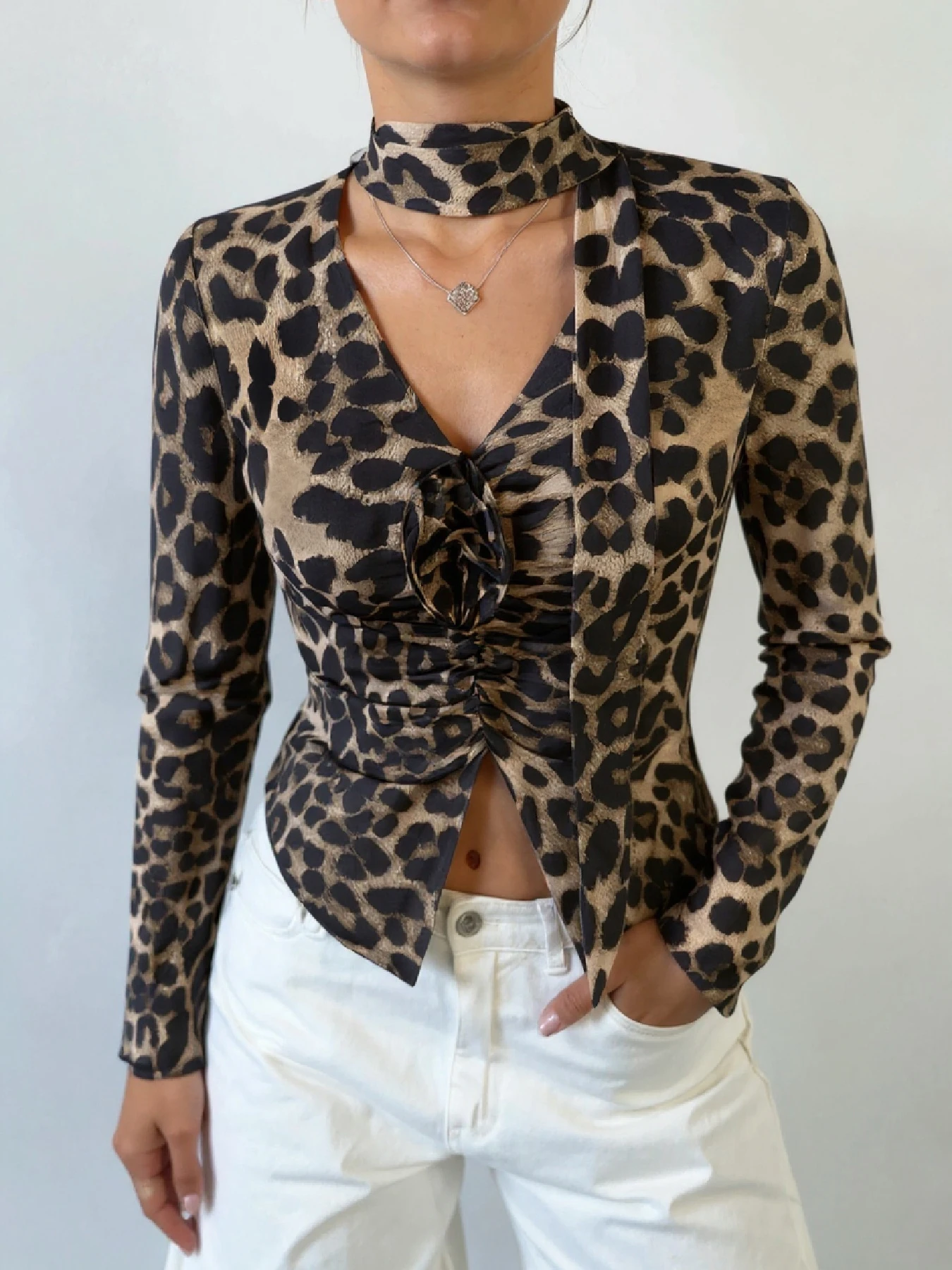 Women Leopard Print Tie Neck Long Sleeve Top V Front Ruched Slim Fit Y2K Elegant Casual Party Blouse Shirts
