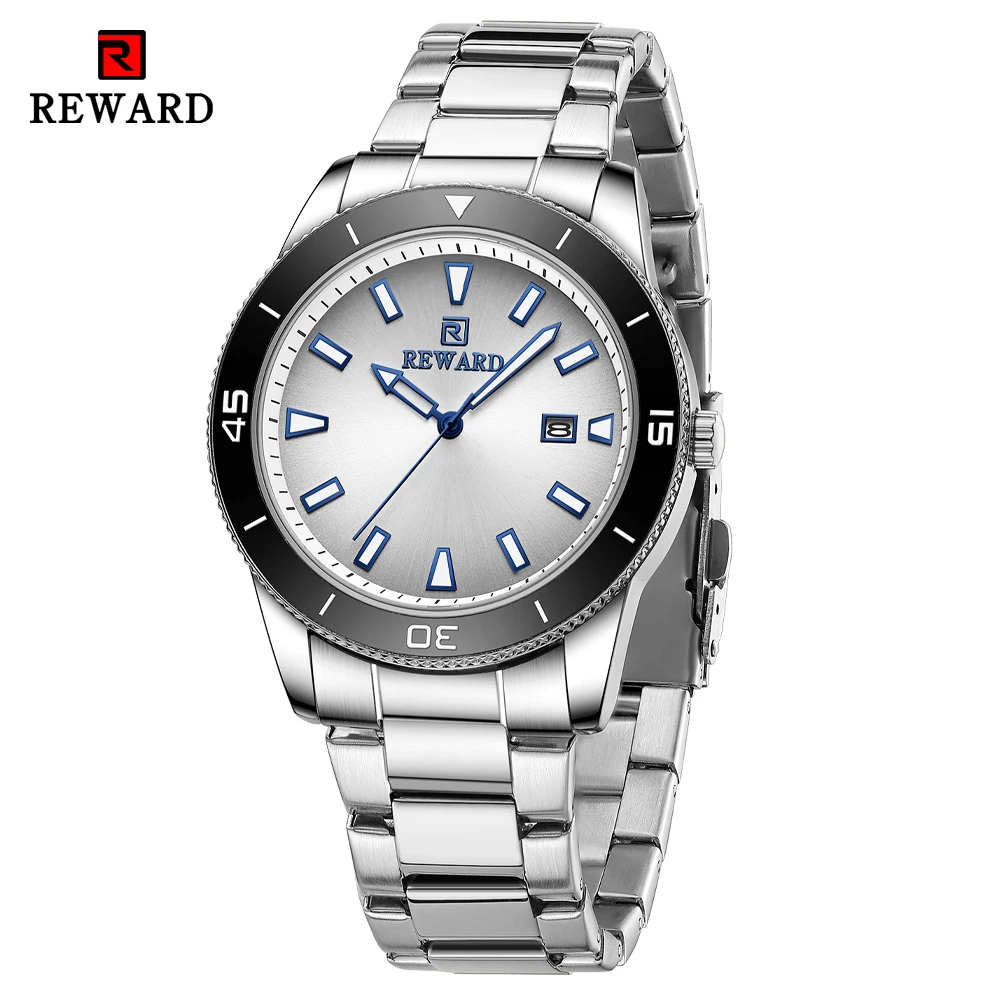 

2023 REWARD New Business Mens Watches Silver Stainless Strap Waterproof Men Date Quartz Watch Luxury Classic Wristwatch+Box