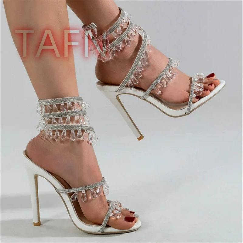 Crystal String Bead High Heels Open Toe Rhinestones Lace Up Prom Shoes Bling Bling Wedding Party Shoes For Women Big Size 43