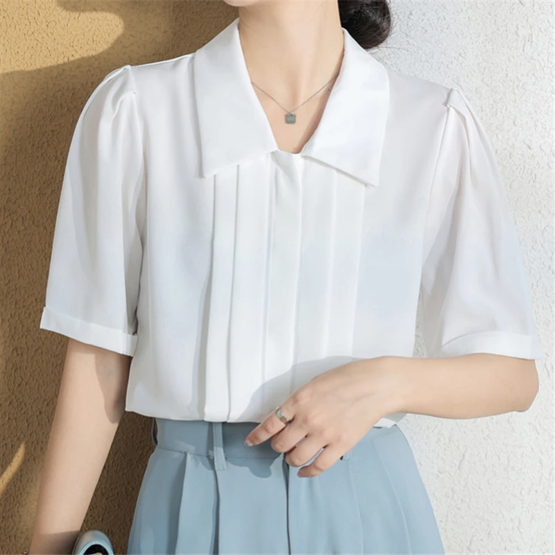 Summer Chiffon Korean White Women's Blouse 2023 New Elegant Turn-down Collar Short Sleeve Casual Office Shirts Tops Female