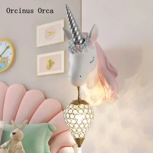 Cartoon creative Unicorn wall lamp Girl Bedroom children's room Princess Room lovely Nordic color pony crystal wall lamp