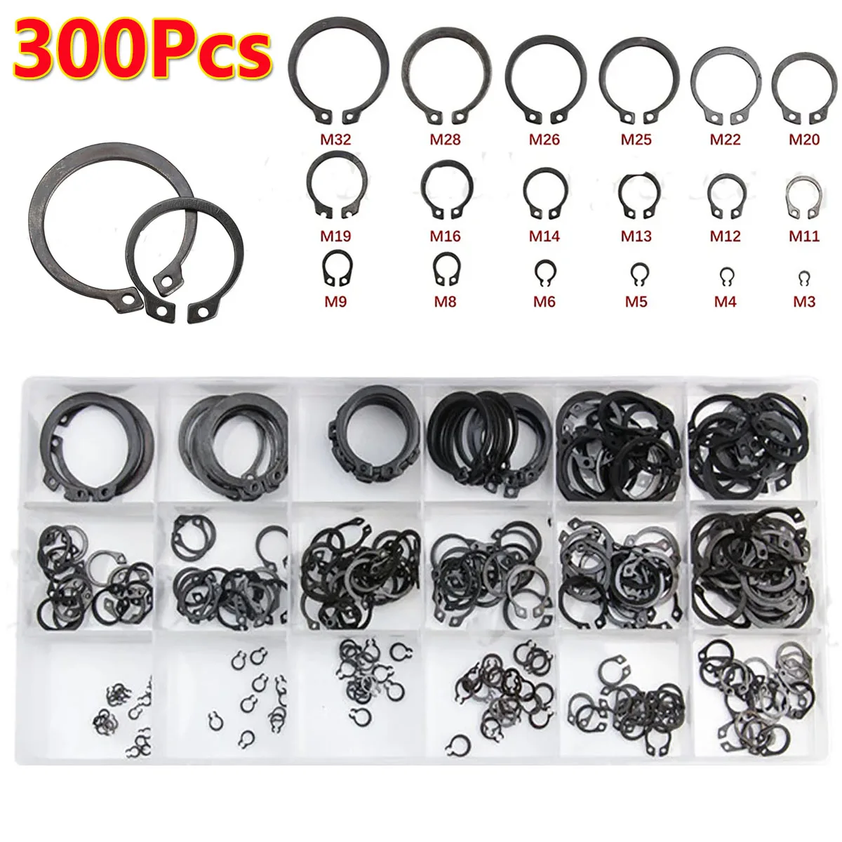 300Pcs 18 Sizes Metal Black Circlip O-Ring Washer Seals Internal & External Snap Retaining Ring Circlip M3-M32 Assortment Kit