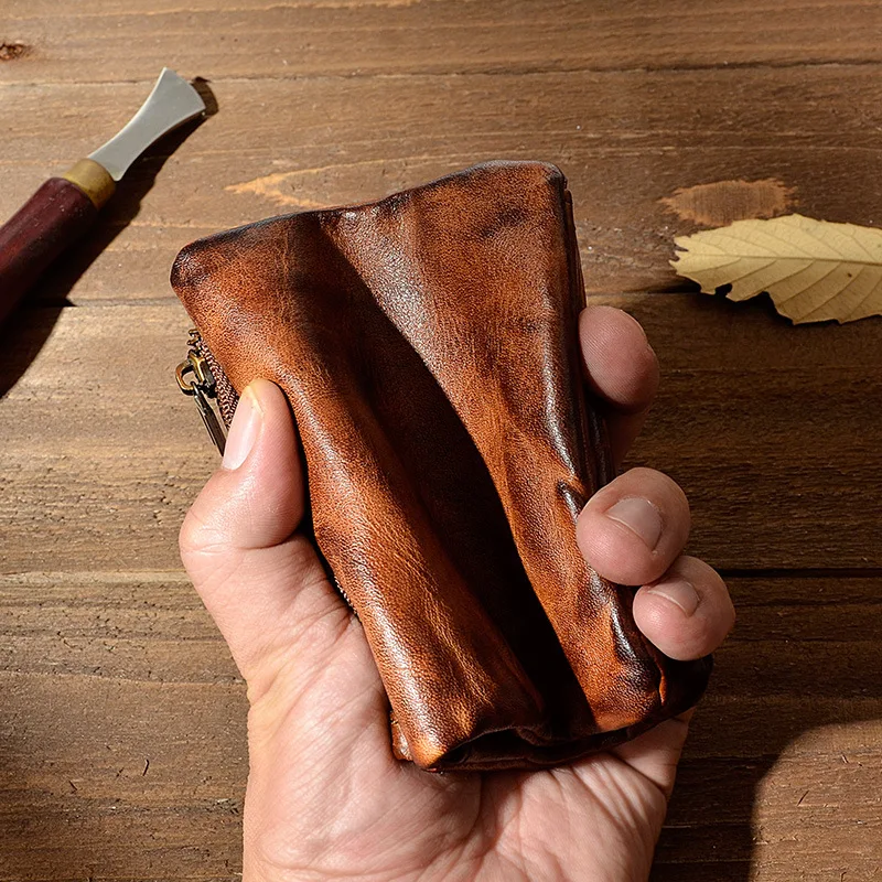 

Handcrafted Aged Pleated Vegetable-tanned Top Layer Cowhide Wallet Men, Retro Multi-slot Zipper Soft Leather Wallet