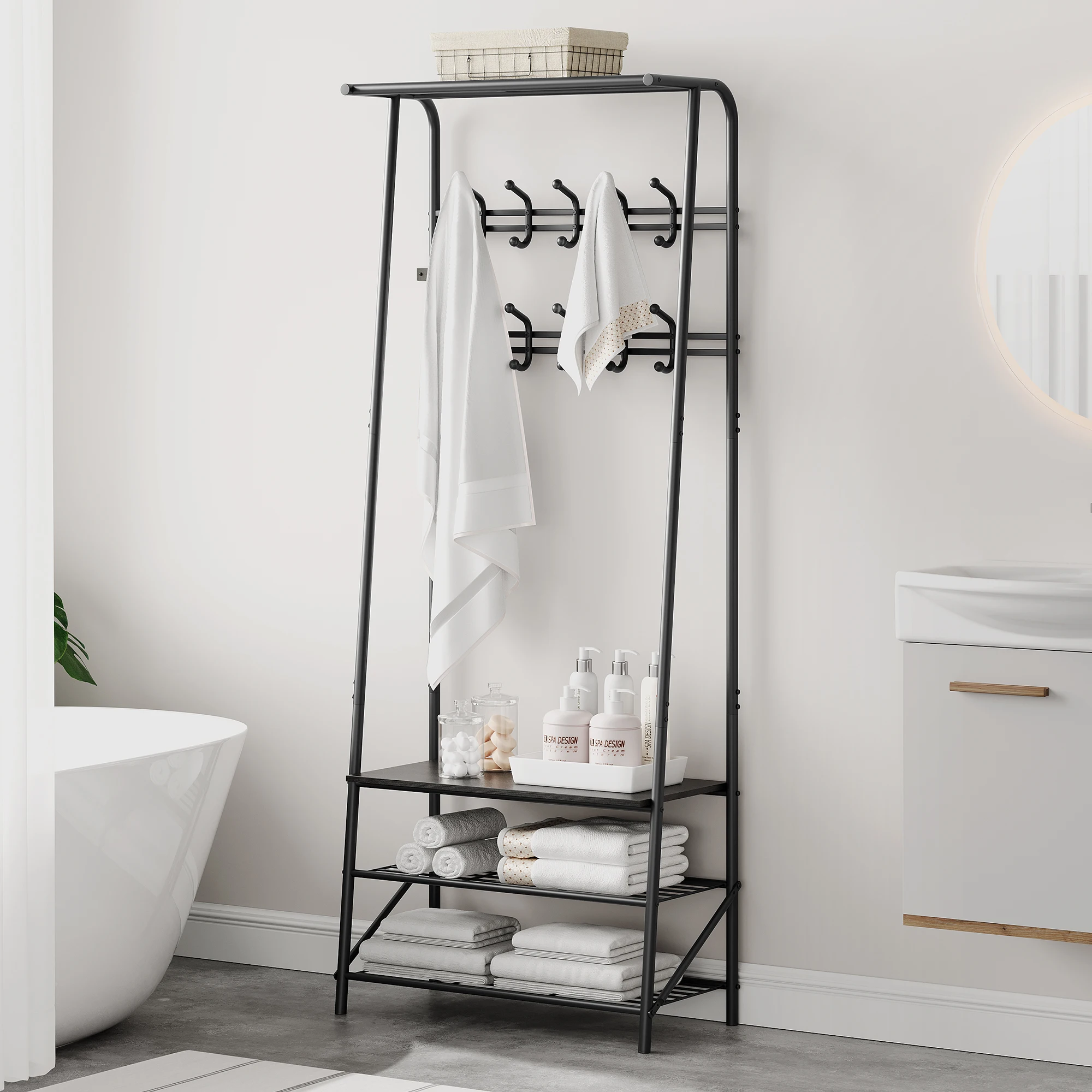 Garderobenständer, 4-in-1-Kleiderständer für den Flur, Schuhbank im Eingangsbereich mit Metallrahmen, 3-stufiges Regal und 10 Haken für den Eingangsbereich, Flur – Detail 6