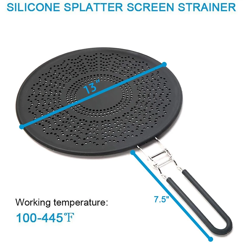 13 Inch Silicone Splatter Screen - Pan Cover with Folding Handle Heat Resistant Oil Splash Guard Heat Insulation Black