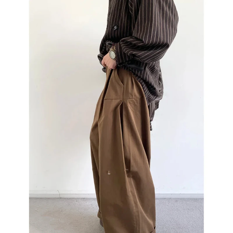 Japan Style Retro Solid Color Cargo Pants Men's Spring Autumn Trendy Loose Straight High Waisted Button Wide Leg Casual Trousers