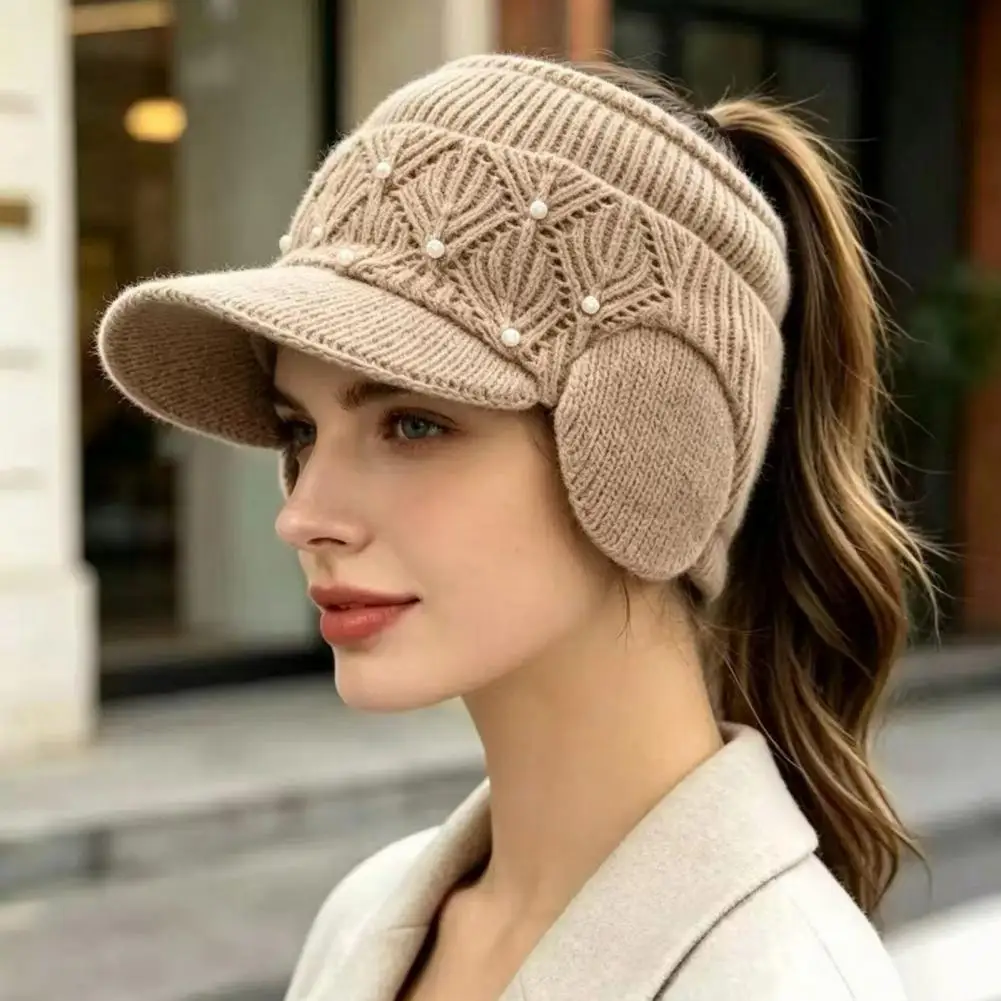 Breathable Athletic Sports Hat Winter Ponytail Hat with Ear Flaps Women’s Knitted Peaked Cap Open Top for Outdoor for Women