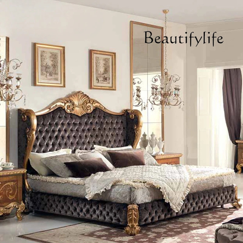 Nordic luxury high-end retro furniture, solid wood hand-carved bed European fabric bed