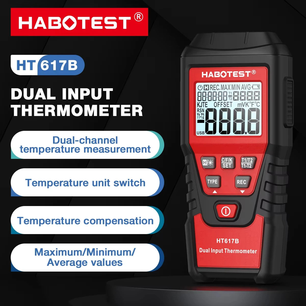 HABOTEST HT617B Thermocouple Probe Digital Thermometer Dual Channel Portable Temperature Tester Measures Liquid Temperature