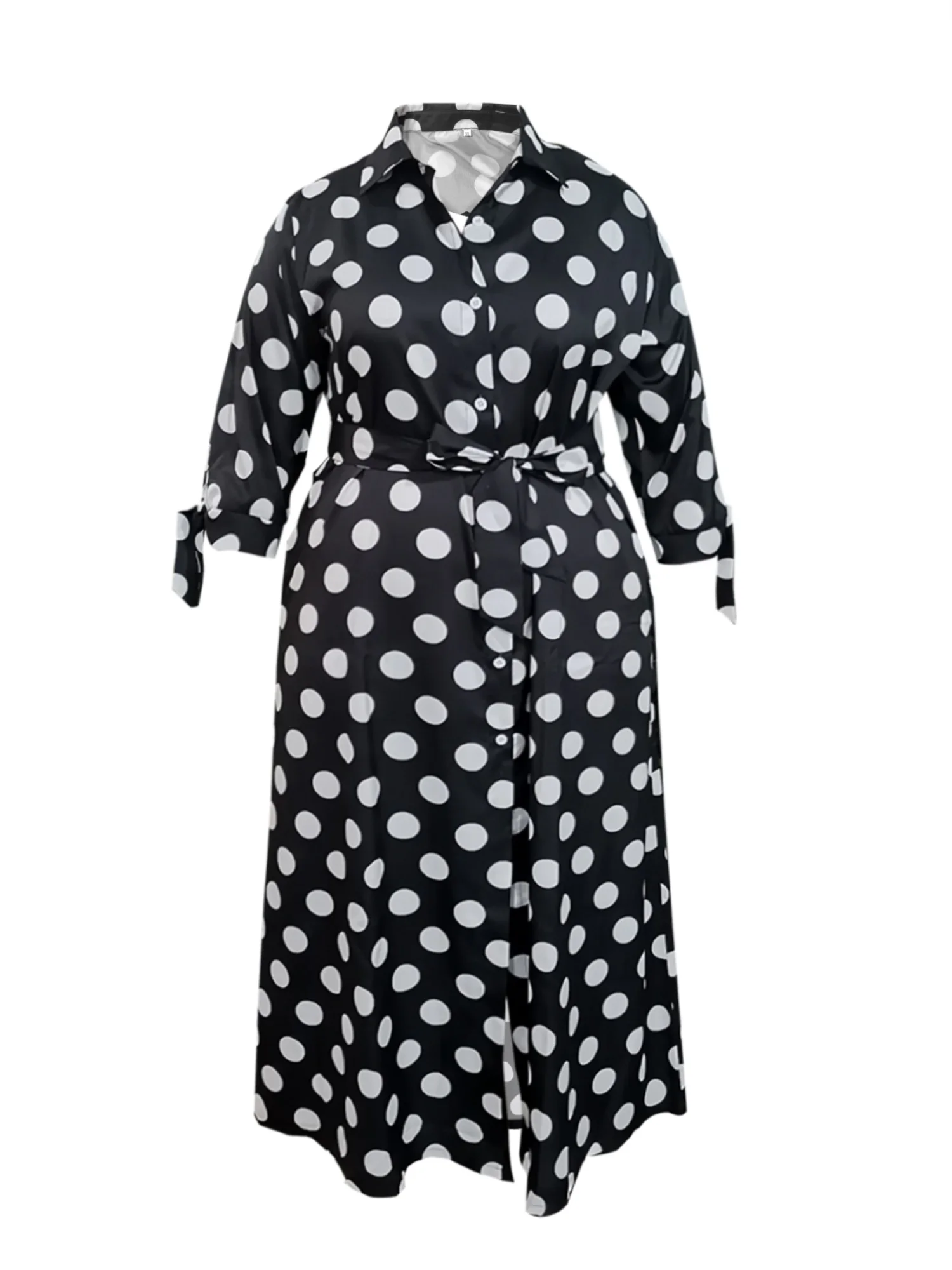 LW Oversize Trendy Dot Print Dress Elegant A Line Shirt Dresses 3/4 Sleeve Tie Waist Loose Fit Vestido Business Women Clothing