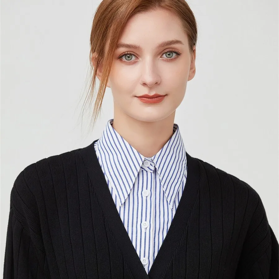 

Женская остроконечная рубашка в искусственную полоску OL, пригородный свитер с воротником, синий, белый, многофункциональный