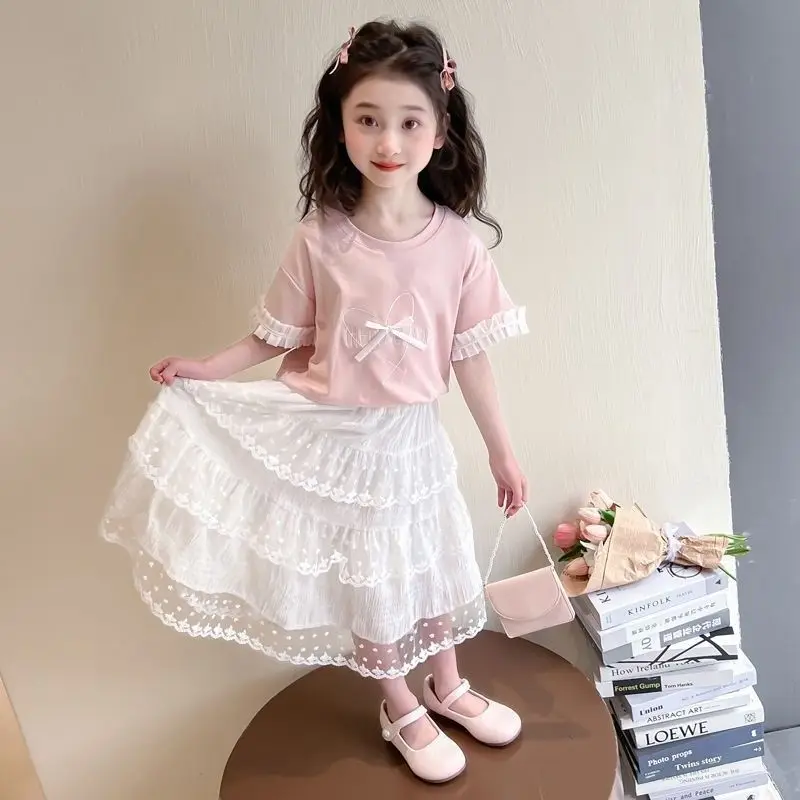 

2026 Spring Girls' Korean Style Stylish Lace Tutu Tiered Mid Length Dress Child's Embellished Crossover Party Wear Comfortable