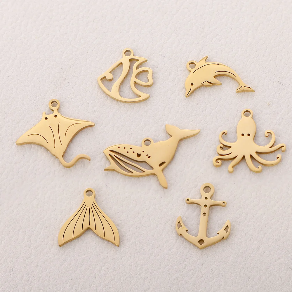 5Pc/Lot Tropical Nautical Sea Ocean Pendant Stainless Steel  Fishtail/Dolphin/Whale/Devil Fish/ Anchor Charms for Jewelry Making