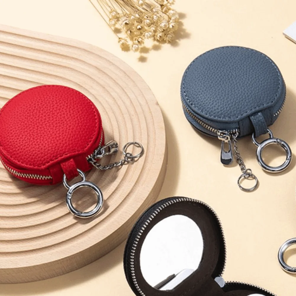 Portable Cute PU Leather Coin Purse with Mirror Zipper Round Wallet Small Korean Style Earphone Bag Ladies/Girls
