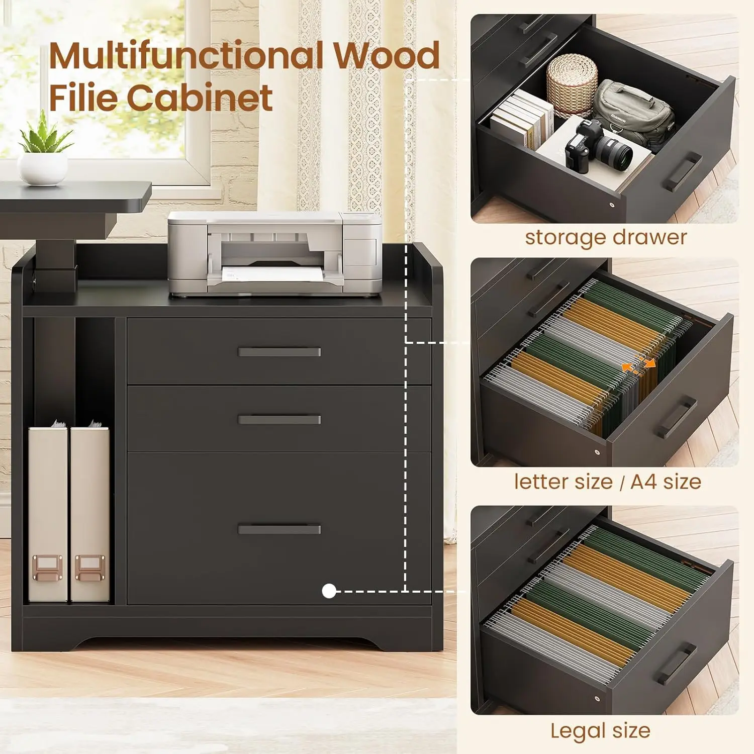 L Shaped Electric Standing Desk with File Cabinet, 63 x 53'' Height Adjustable Home Office Computer Desk with Drawers, Po