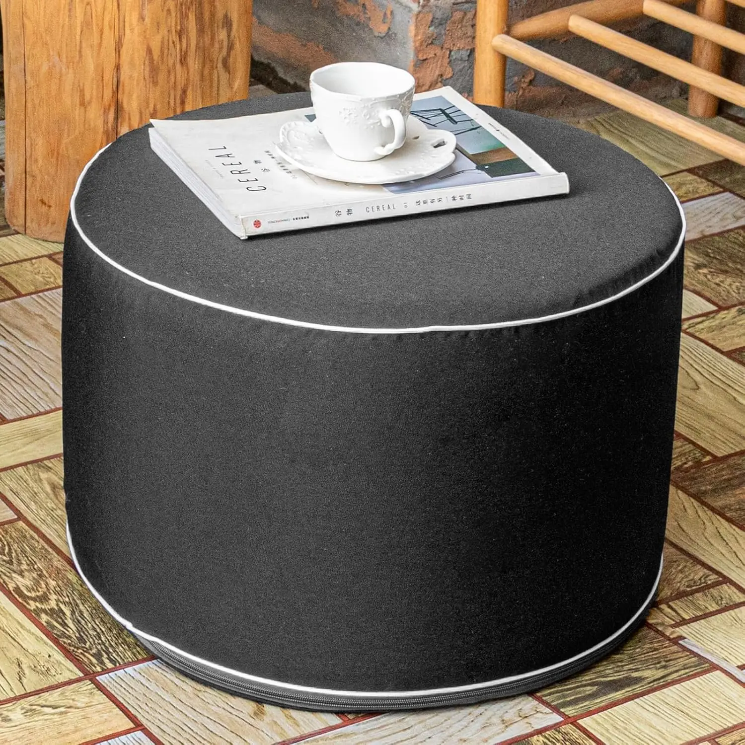 Outdoor Ottomans for Patio Pouf Waterproof Fade-Resistant Ottoman Foot Rest for Outdoor - Ottoman Chair Filled with High-Density All-in-One Foam, 20" D x 14" H Inches (Black, Round)
