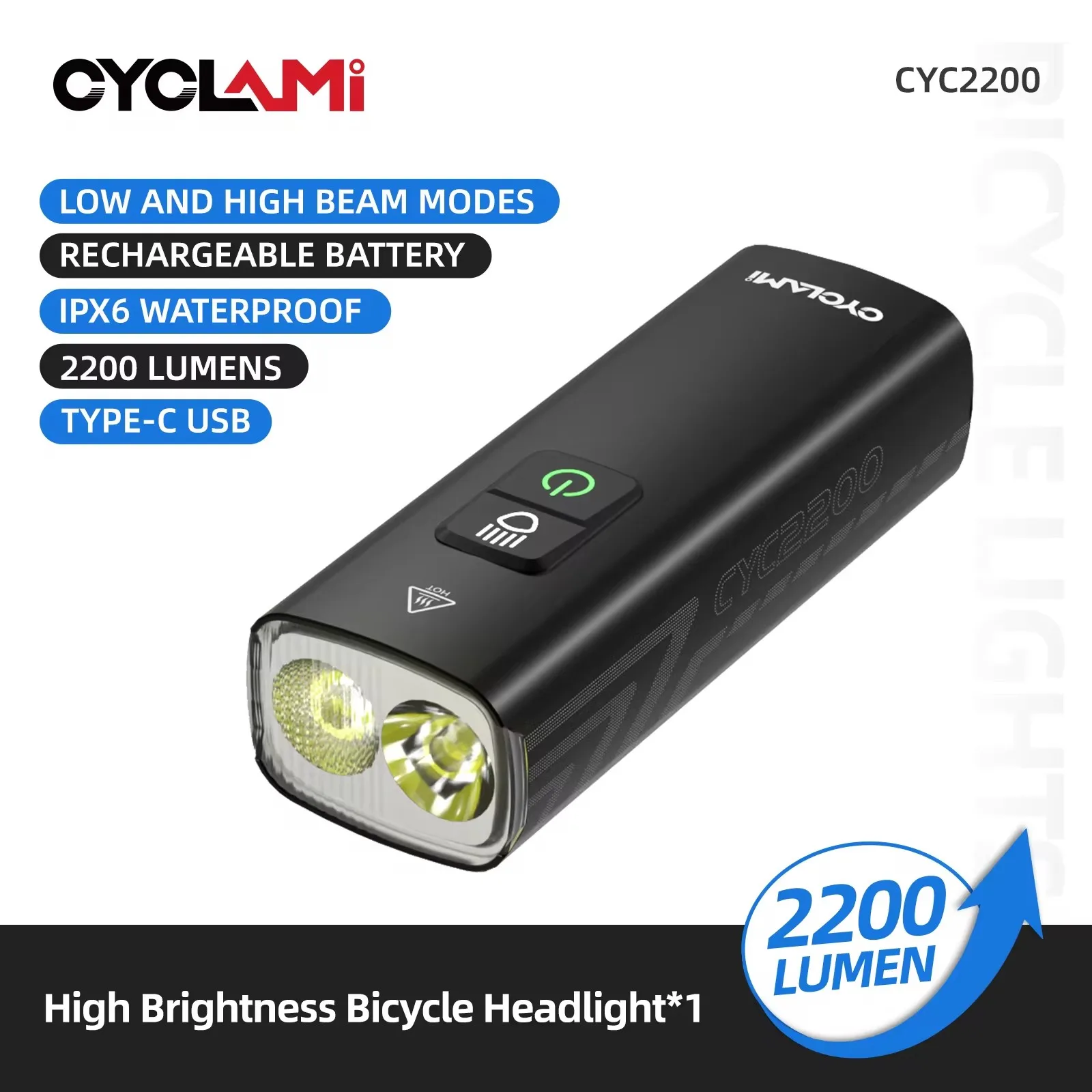 

CYCLAMI CYC2200 Bike Light Front Lamp Type-C Rechargeable Bicycle Light IPX6 Waterproof Headlight Bike Accessories