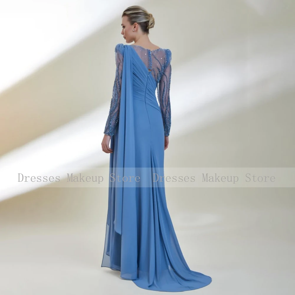 Luxury Evening Dresses Light Blue Mermaid Beading Boat Neck  Gowns for Women Side Slit Long Sleeves Wedding Party Dress