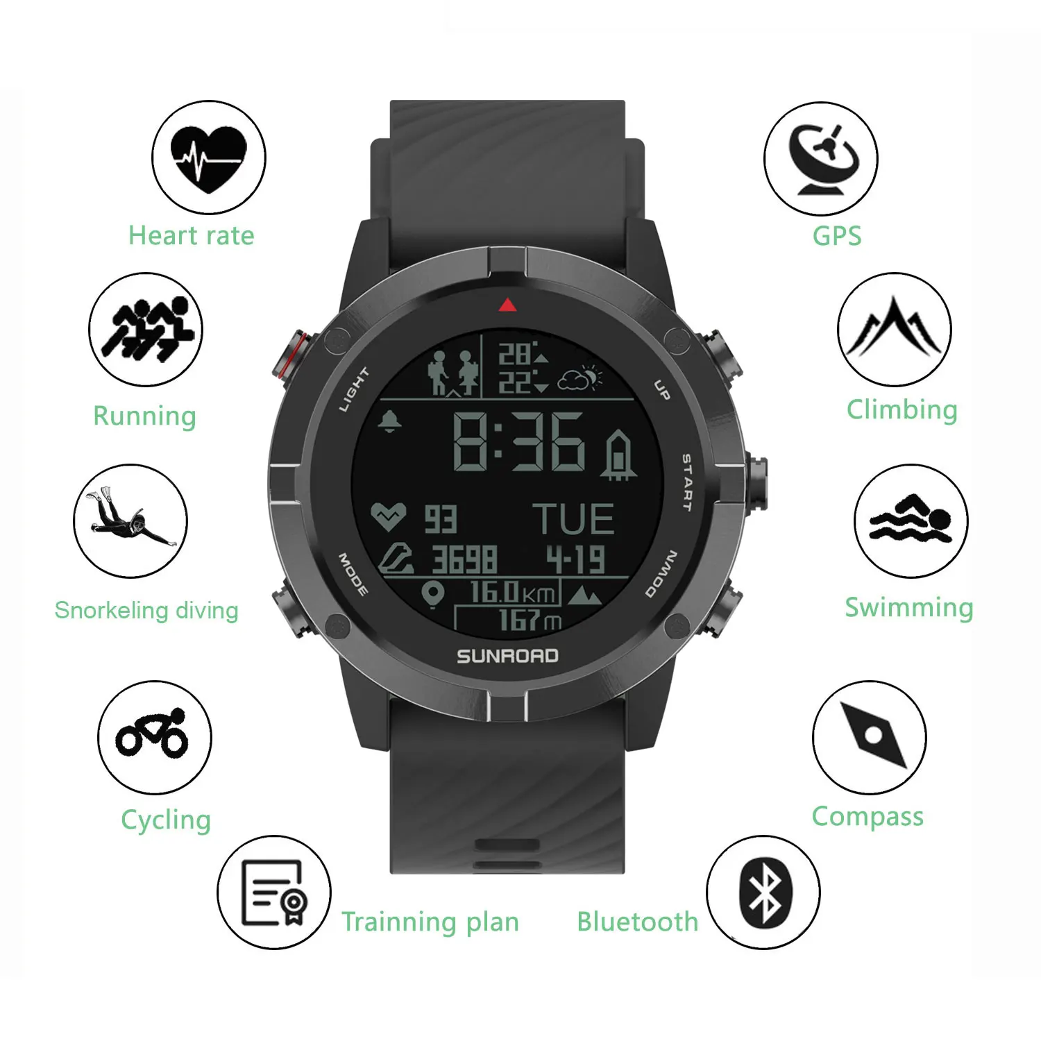 Sunroad Nieuwe Gps Sporthorloge Voor Swim Run Klim Kompas Barometer Waterdicht Heren Fitness Tracker Horloges Reloj Hombre