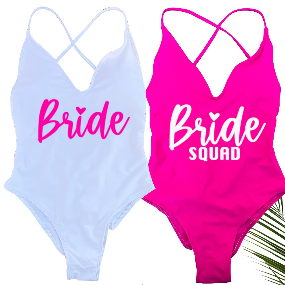 Bride Squad  One Piece Swimsuit Bride's Print Monokini Bathing Suit Beachwear Padded for Wedding Party