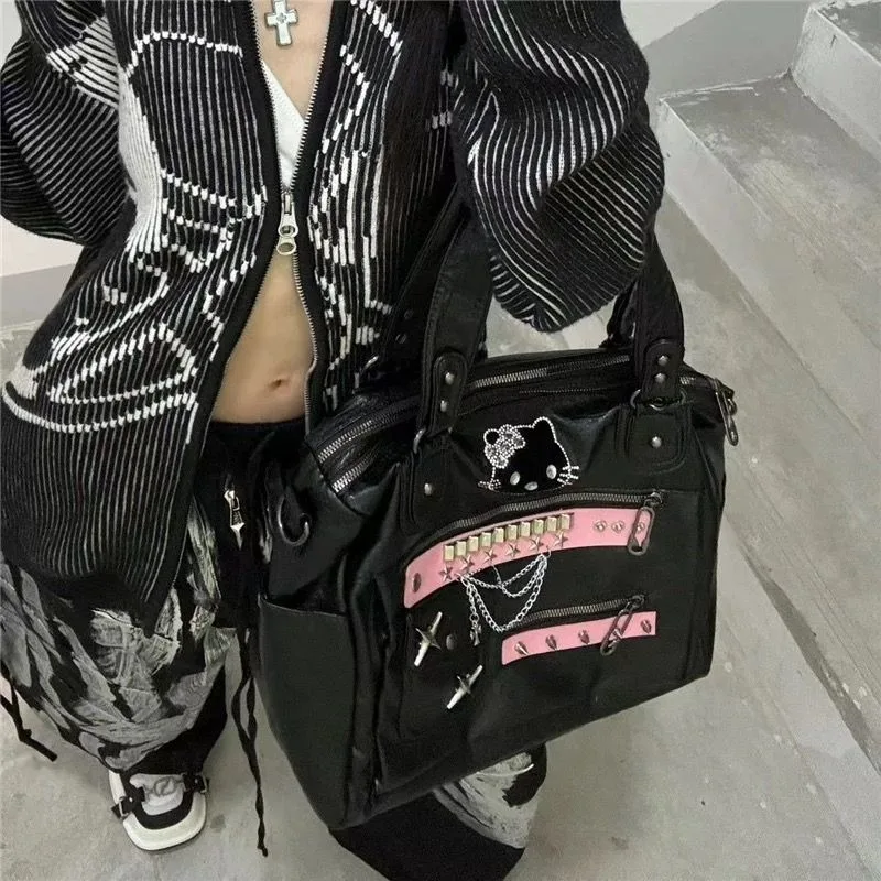 Xiuya Y2k Shoulder Bag for Women Cute Hello Kitty Gothic Chains Rivets Vintage Tote Bag Punk Large Capacity Female New Handbag