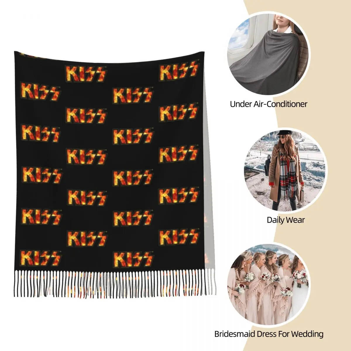 Kiss Band Fire Logo Shawl Wrap Women Winter Warm Large Soft Scarf Pashminas Tassel Scarves