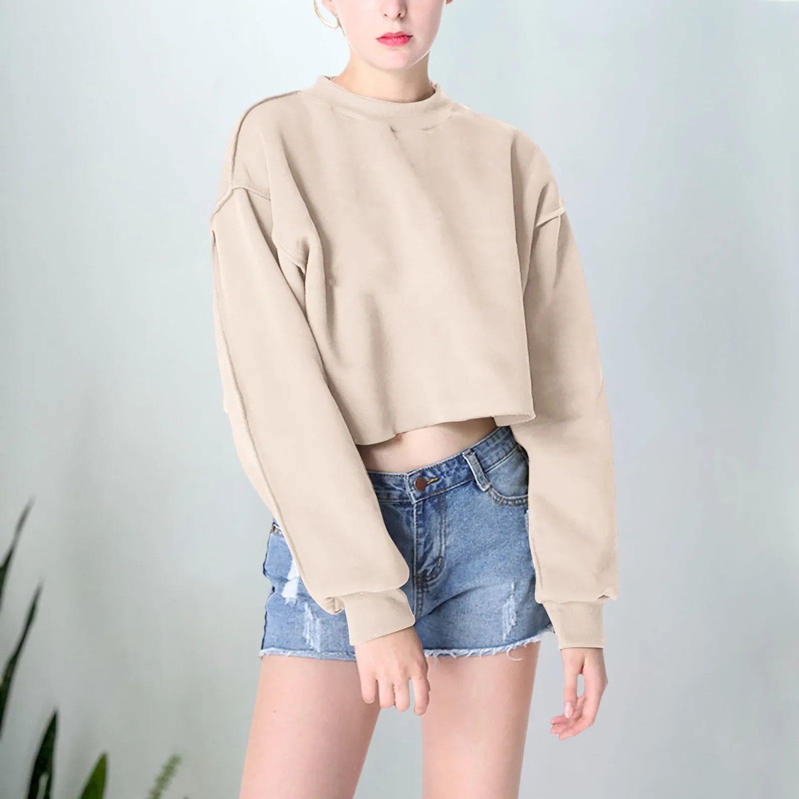 Y2k Cropped Hoodie Solid Color Streetwear Women Crop Sweatshirt Round Neck Long Sleeve Loose Pullovers Top Bluza Damska