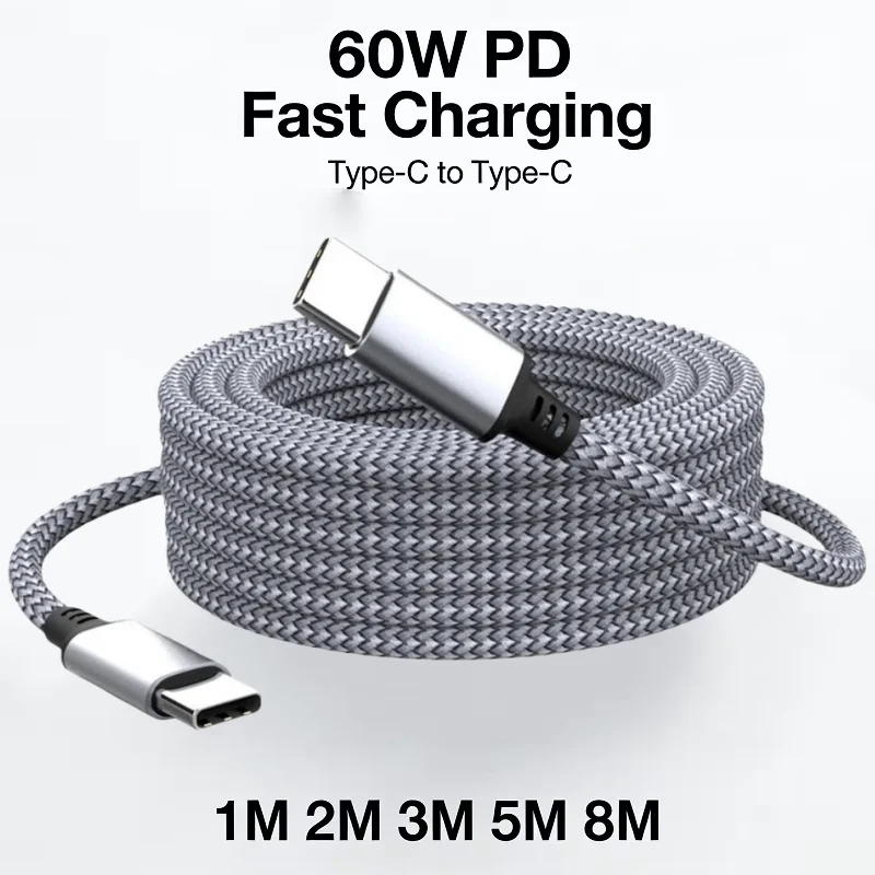 

Кабель USB-C 60 Вт, 8 м/5 м/3 м/2 м/1 м, быстрая зарядка, PD, передача данных, Type-C на Type-C, для Samsung S21, iPhone, Xiaomi