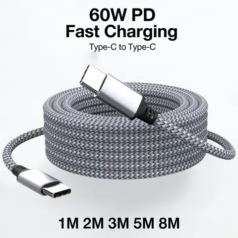 USB C 60W 8m 5m 3m 2m 1m Type C Cable Fast Charging PD Cord Data Transmission C to C Charging Line For Samsung S21 iPhone Xiaomi