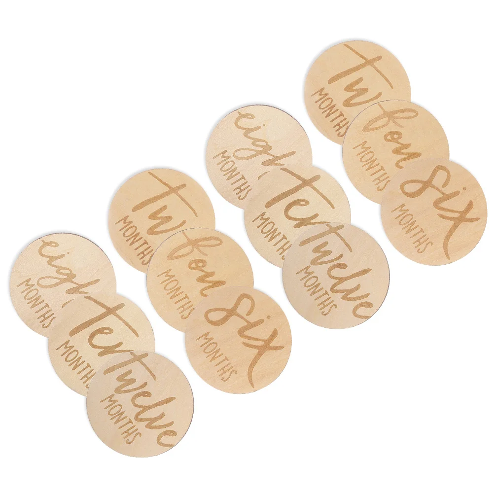 12 Pcs Baby Growth Card Double-sided Monthly Milestone Marker Labels Calendar Round Wooden Discs