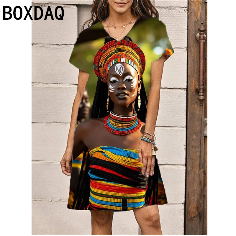 Ladies' Summer V-neck Short Sleeve A-Line Dress Indian Beauty Oil Painting Pattern Print Dress Big Size 3XL Female Dress Vestido