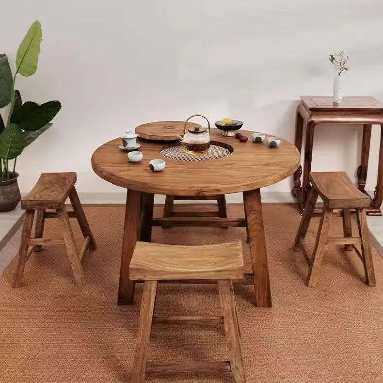 Camping outdoor barbecue table dining table courtyard hot pot table balcony round  solid wood