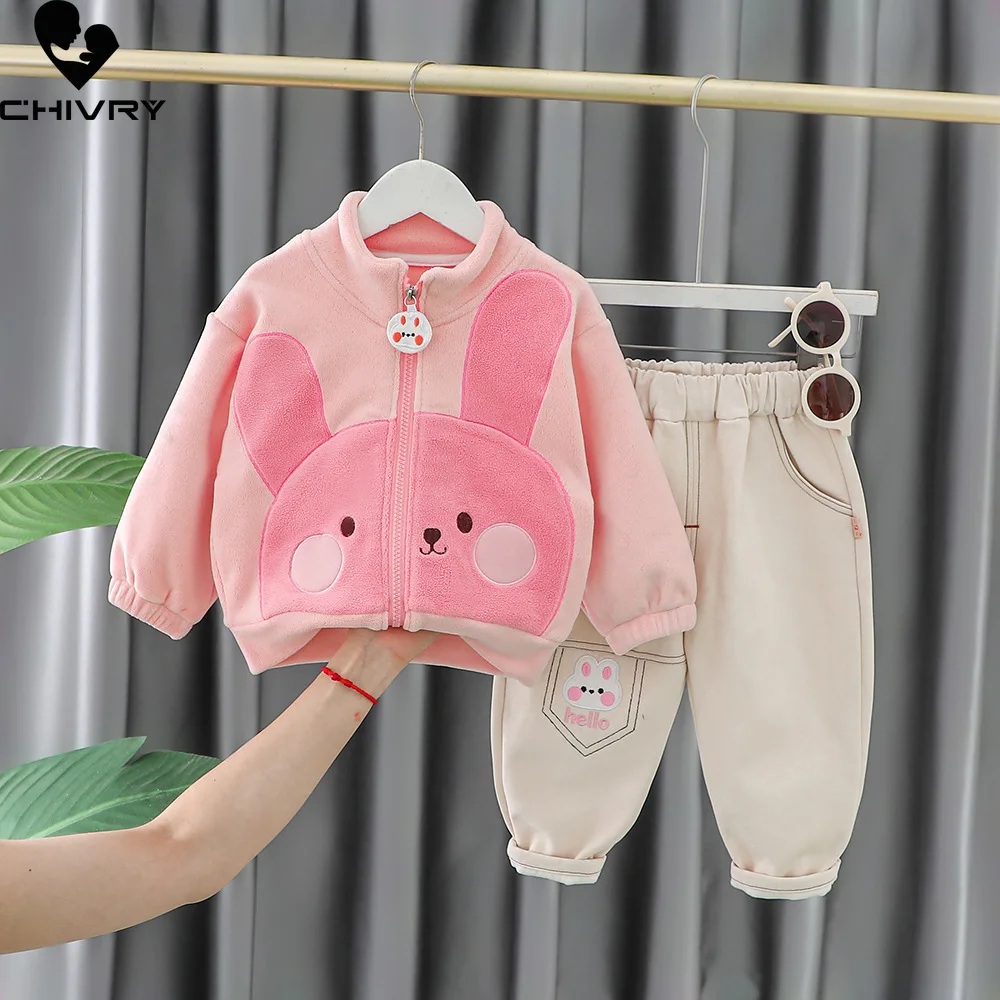 

New Autumn Winter Boys Cute Cartoon Animal Fleece Thicken Warm Zipper Coat Jacket with Pants Baby Girls Casual Clothing Sets