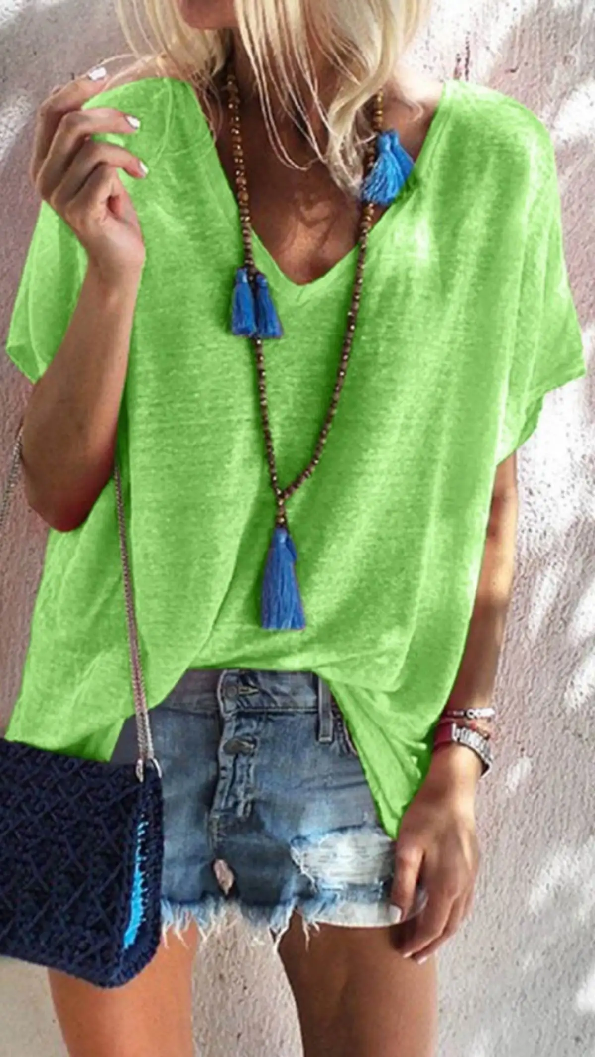 

Summer Candy Colored Loose Fit V-Ne ort Sve T-irt Women's Faionable Large Size Casual Top by Wind