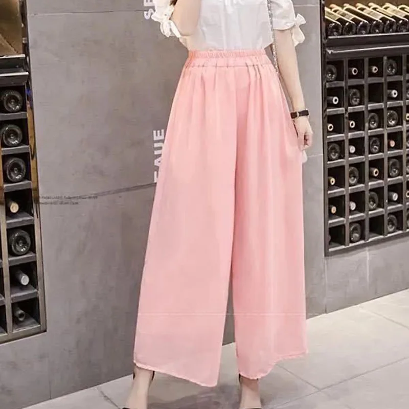 Solid Color Thin Chiffon Wide Leg Pants For Women's Summer New Elastic Waist Casual Loose And Slimming Cropped Pants Trousers