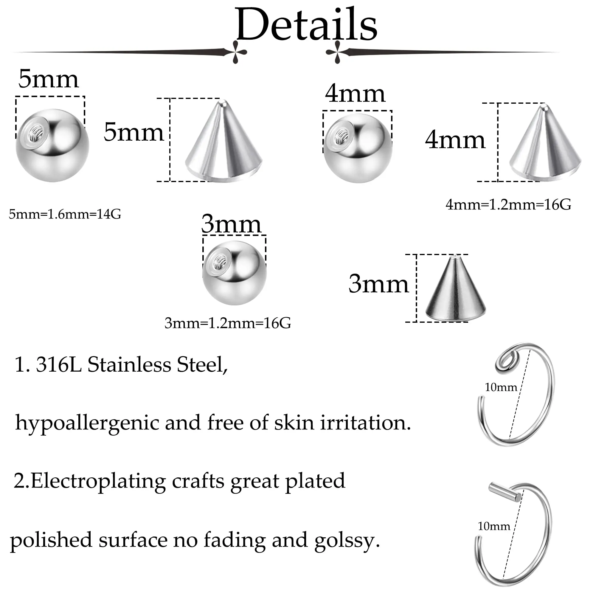 Fake Eyebrow Ring Fake Lip Studs Replacement Balls Spike with 100Pcs Sticker Hoop Body Jewelry Fake Skin Piercing 3mm 4mm 5mm